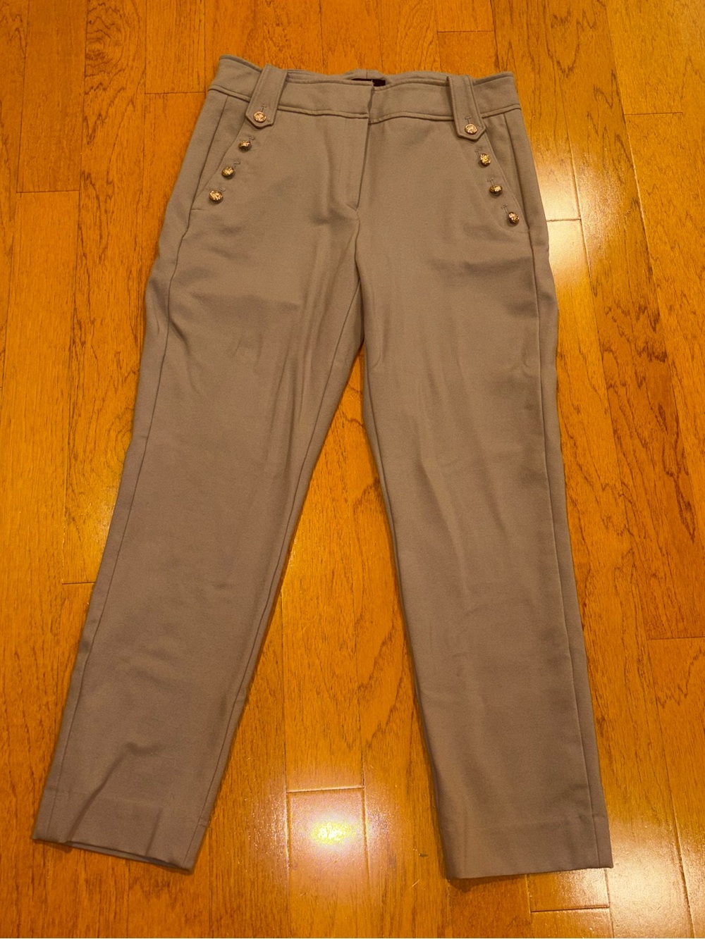 Quince Taupe Tapered Dress Pants with Gold Buttons and Side Pockets